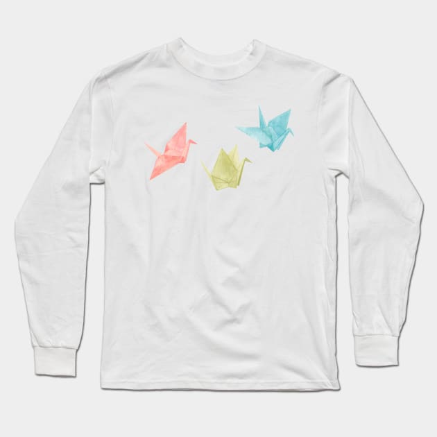 Origami Crane Watercolour Painting (landscape version) Long Sleeve T-Shirt by Flowering Words